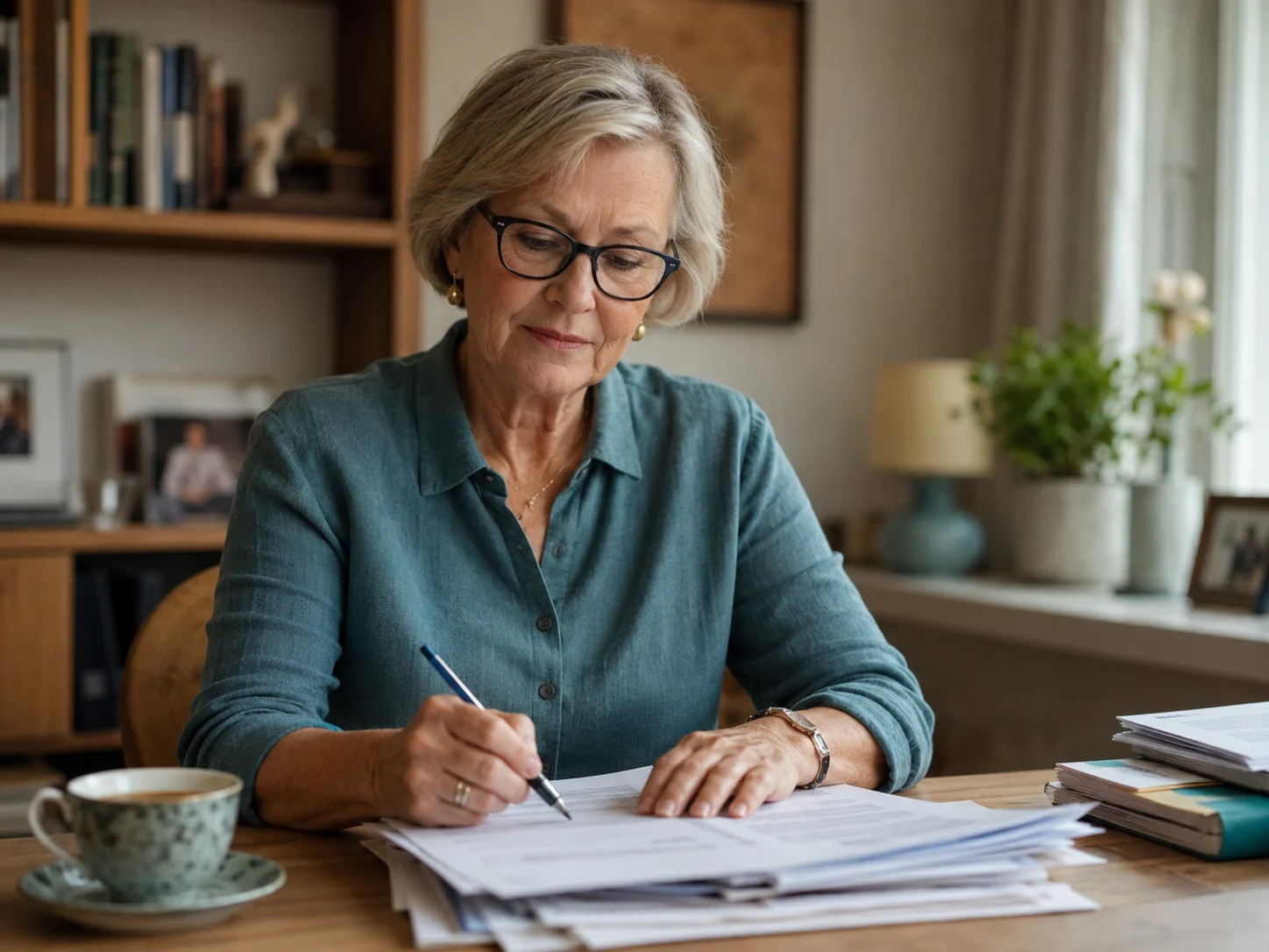 Eine Seniorin sichtet in Ruhe ihre Unterlagen am Schreibtisch